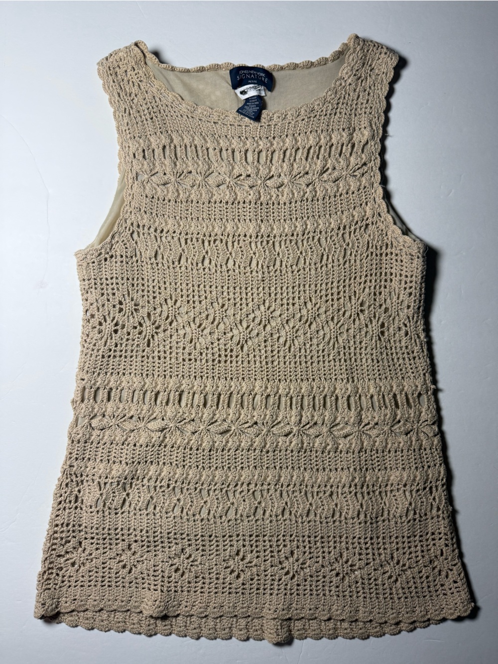 Jones New York Signature Petite Small Beige Crochet Knit Boho Top 100% cotton